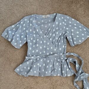LOFT Blue and White Striped Polka Dot Wrap Peplum Blouse